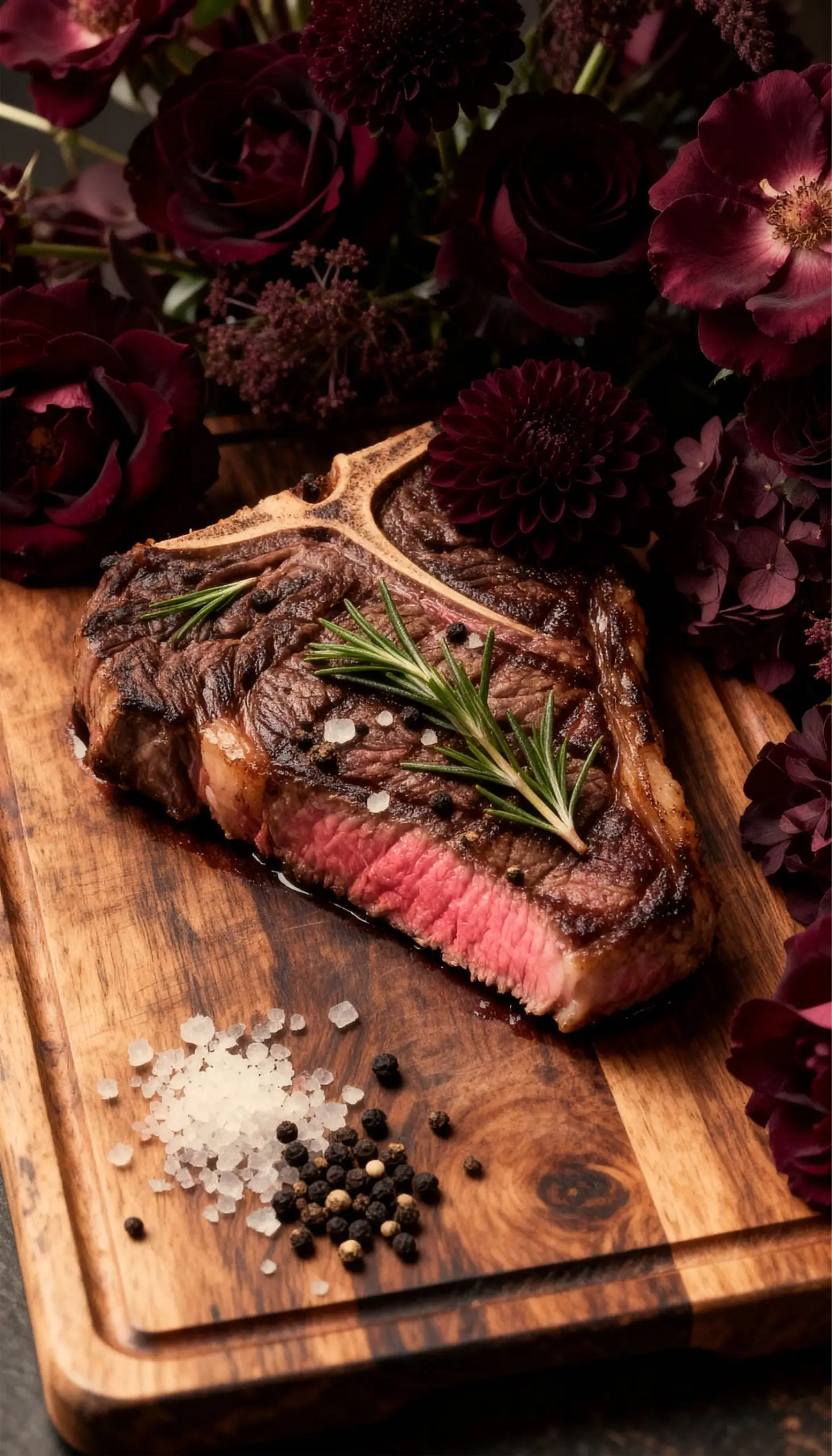 Chuletón a la parrilla con romero y flores oscuras