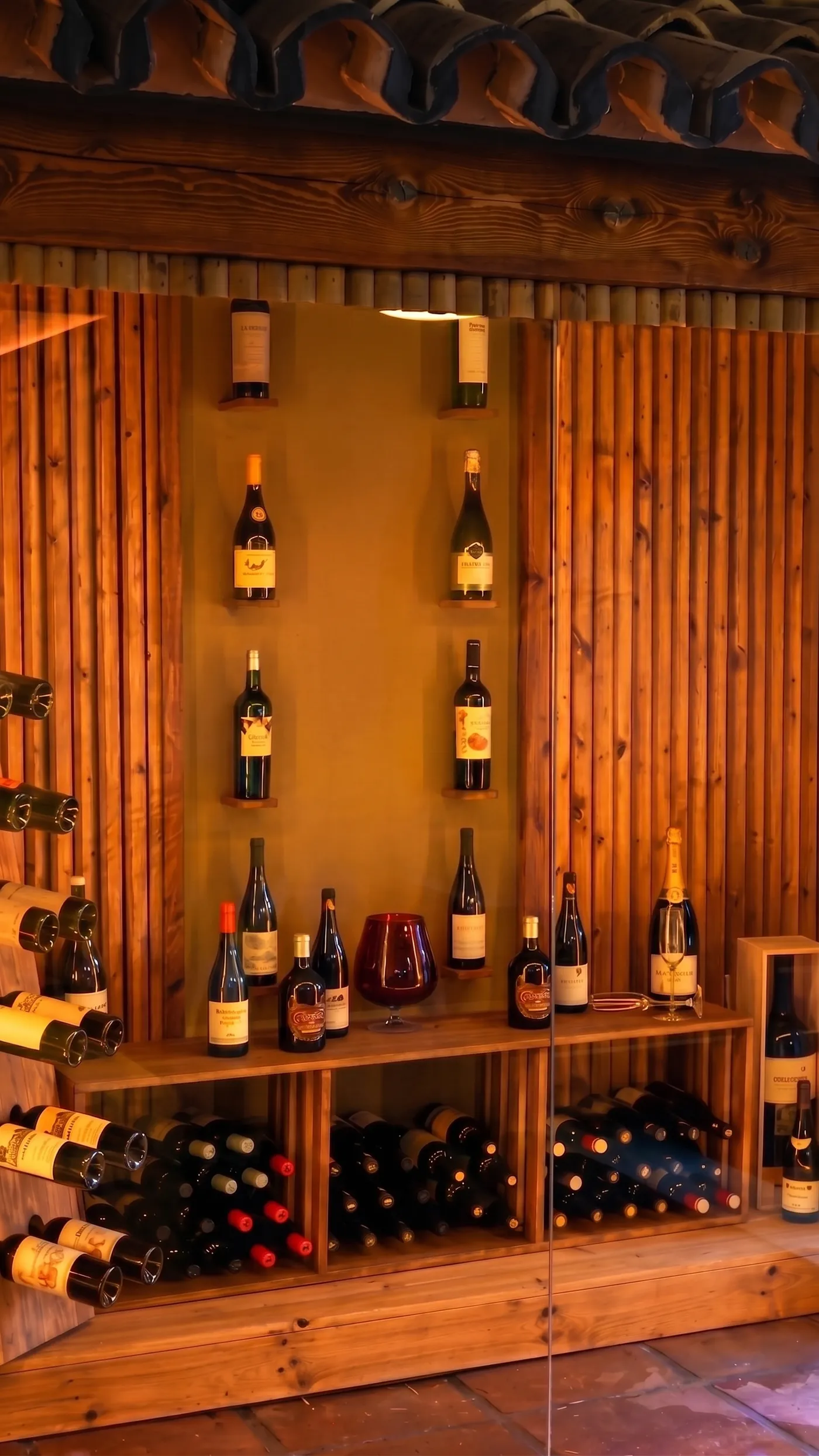 Vinoteca de Rancho Flores con botellas en madera